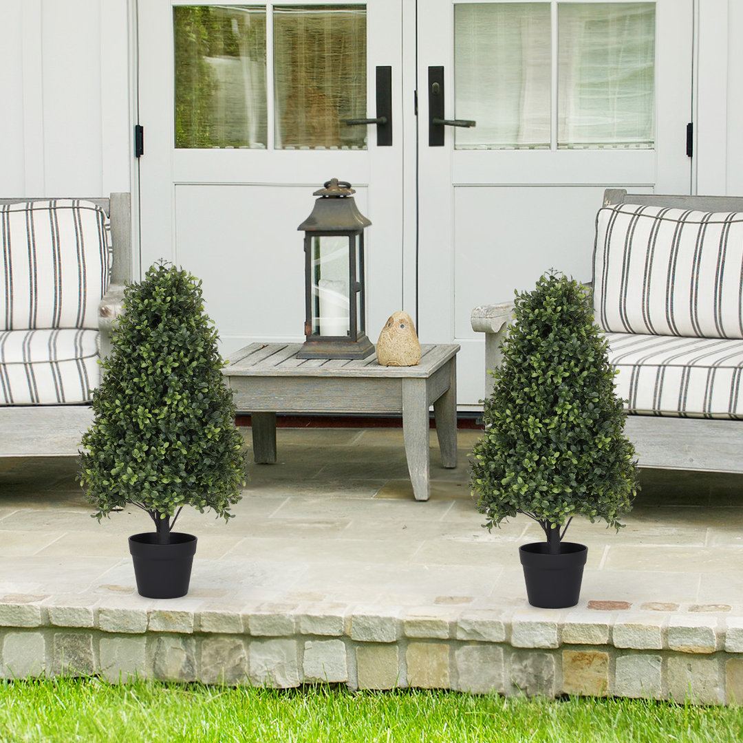 Artificial Topiary Boxwood Tree, Faux Shrub in Black Plastic Pot